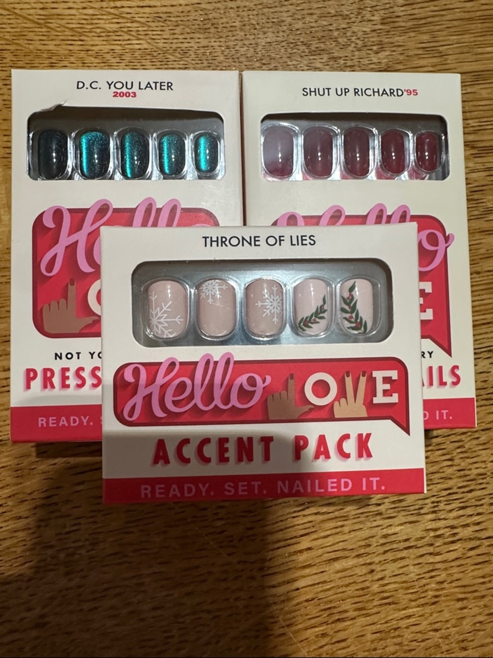 Hello Love Press-On Nails in green, red and accent pack  (Set of 3)
